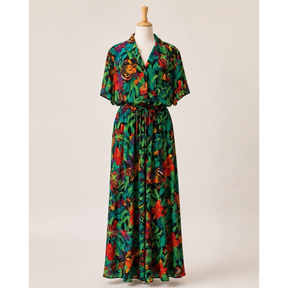 Vintage 90s Carol Little 3 Piece Tropical Rayon Set Top Skirt Pants USA Size 10 - Picture 2 of 16